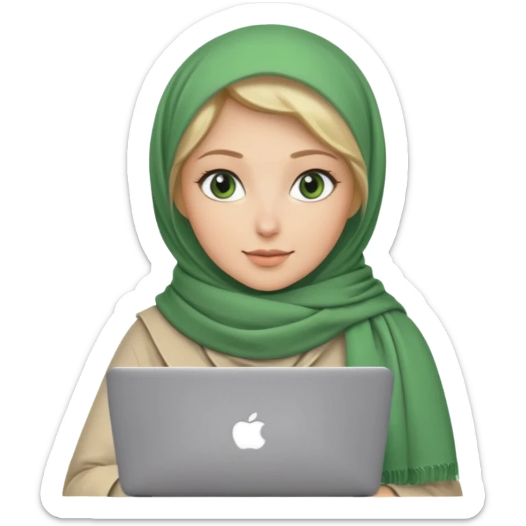 blond women skine , with green eyes , with scarf hijab ,dont show hir hair, with macbook sticker