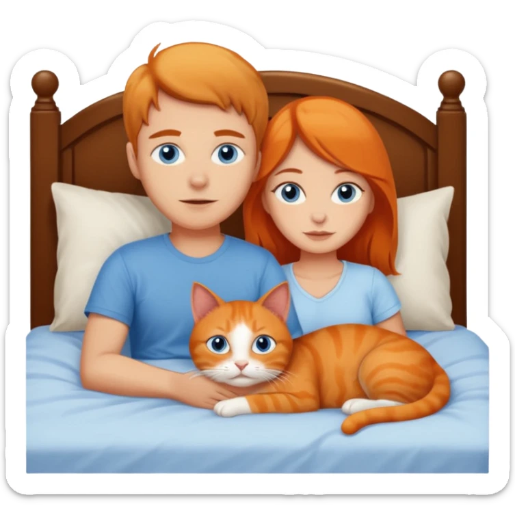 Blue eyed man and brown eyed girl laying in bed with orange cat sticker