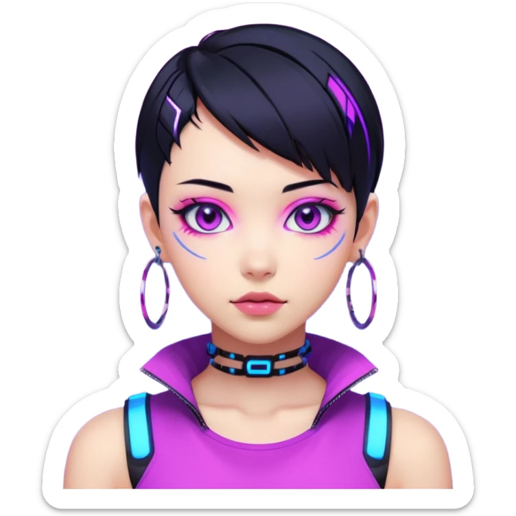 Emoji estilo anime cyberpunk: garota com cabelo curto preto, olhos roxos expressivos, expressão confiante, argolas grandes, pele iluminada por neon azul e rosa, visual moderno e vibrante, cores fortes e estilo futurista simplificado. sticker