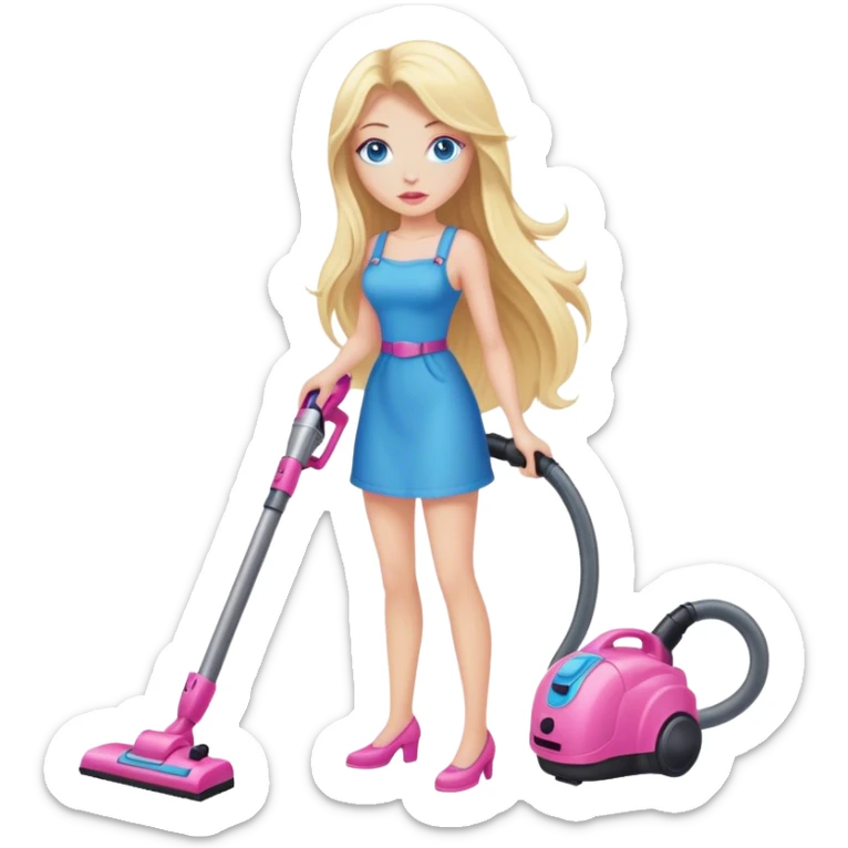 Cinematic realistic blonde with long hair, blue eyes and pink lips vacuums sticker