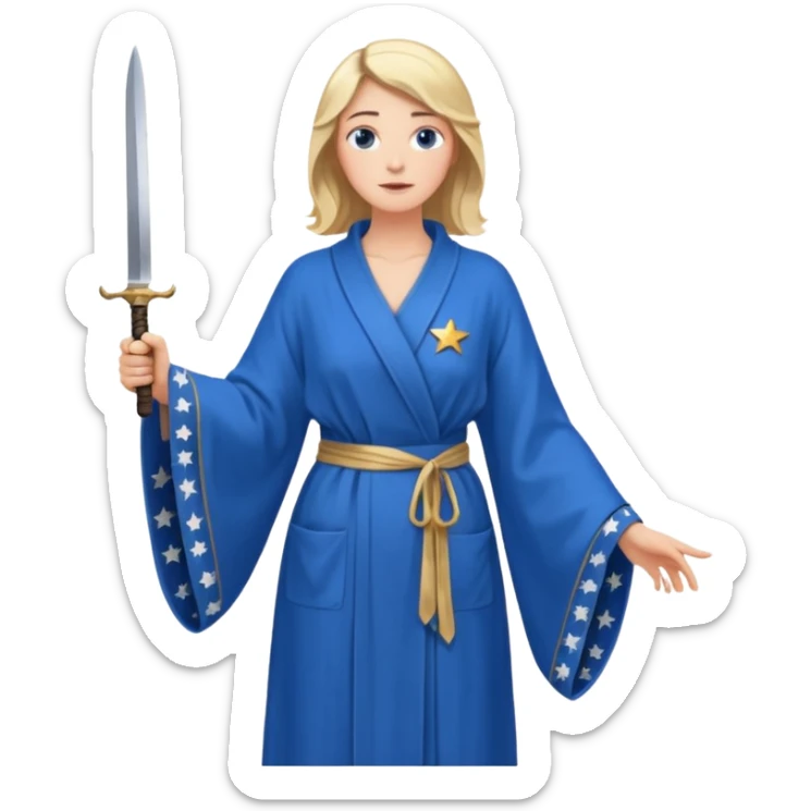 An upright Europe (a tall woman), wearing a blue, flowing robe with stars on the hem, and behind her stands Chancellor Merz, holding a knife toward her back 
you forgot chanccellor merz behind her sticker