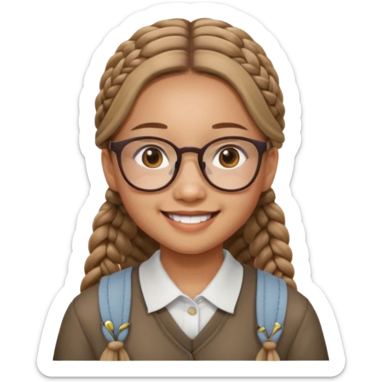 Asian girl, 14, long light brown braids, square glasses, smiling widely sticker