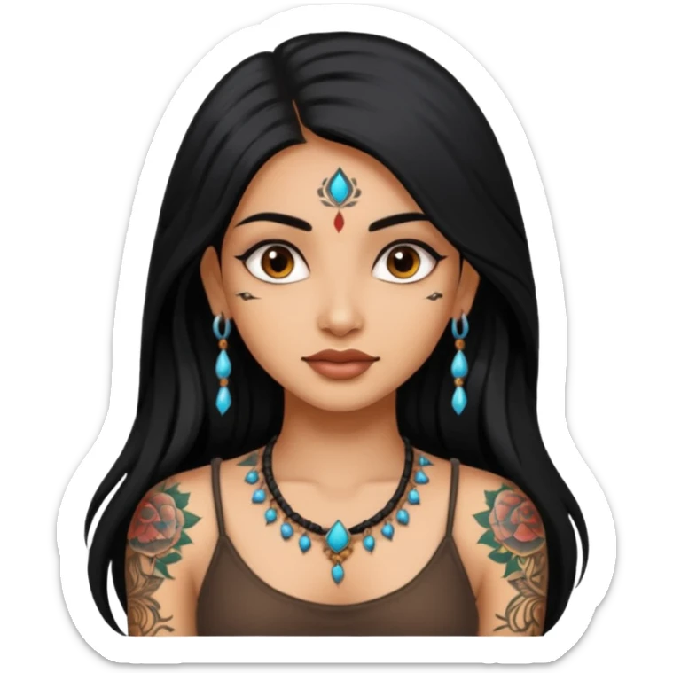 an ios genmoji for a pretty  indian girl with black long hair  tattooed, beautiful girl sticker