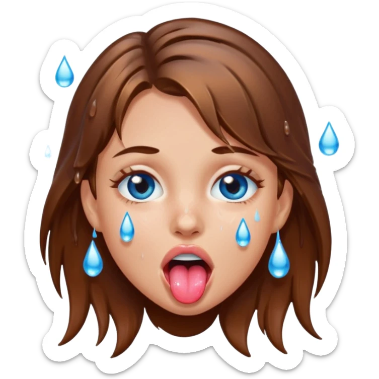 Girl with brown hair, blue eyes, a wet face and her tongue out. Can you make her face more wet? Can you add clear water droplets on her face and tongue? No water below her. Just on her face, hair and tongue. Can you make the water more slimy  sticker