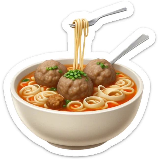 Cinematic Realistic Bakso Dish Emoji, showcasing savory meatball soup with noodles rendered with detailed textures and warm, inviting lighting. sticker