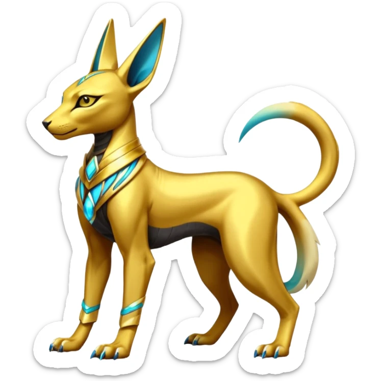 Modern futuristic shiny colorful Anubis-Sphynx-Lombax-Zeraora-Renamon-fusion (full body) sticker