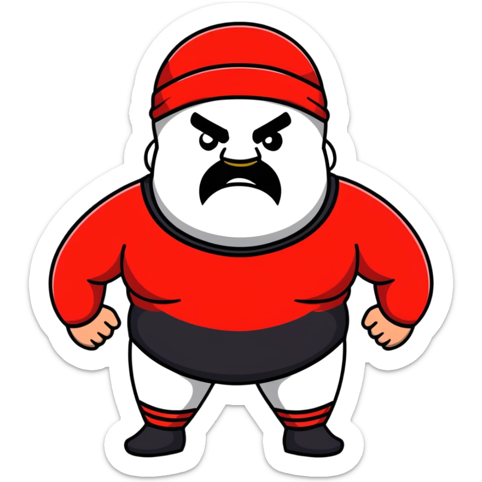 White skin fat guy with prominent black durag, short black beard, black eyes in a red and black wrestling singlet with angry face sticker