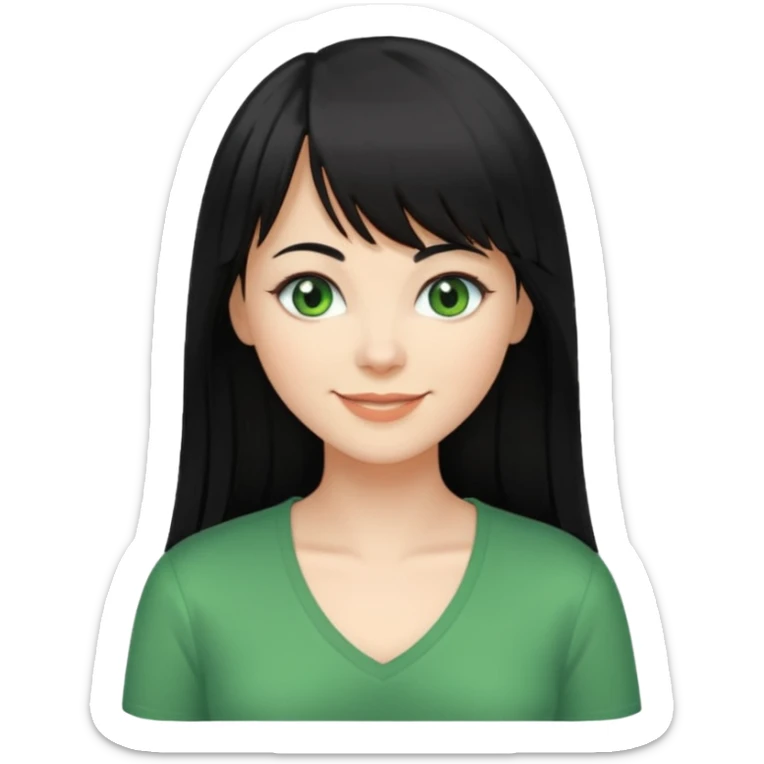 A white woman with Long straight hair with bangs, black hair, green eyes and a low-cut shirt sticker