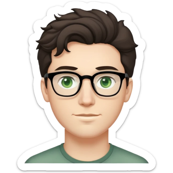 young man with pale skin, dark tall voluminous slightly wavy hair styled up high on head but not curly, wearing glasses with green eyes and very light stubble, with a slight smile sticker