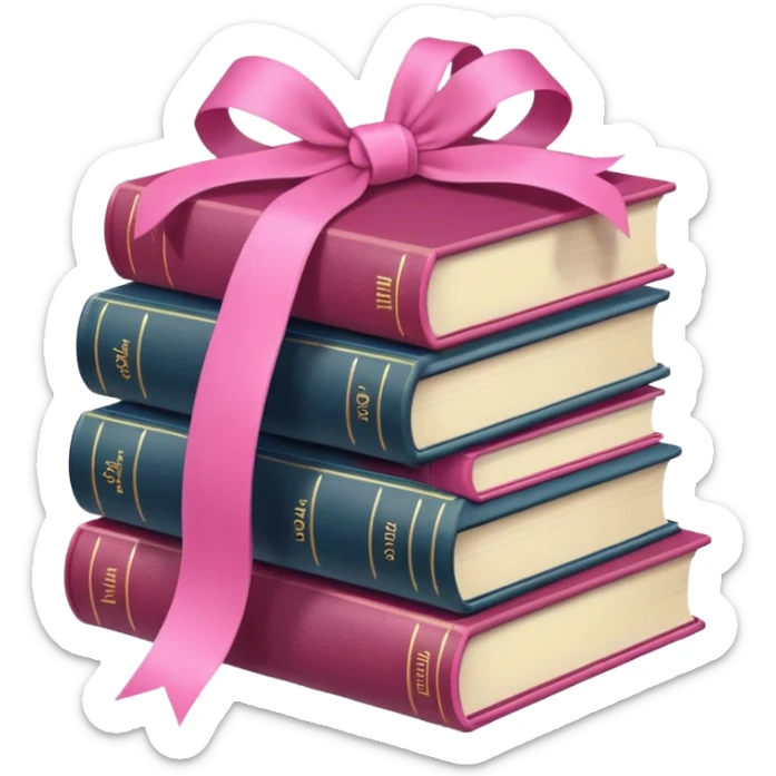 several stacked books with a pink ribbon around, Apple emoji style, pink details sticker