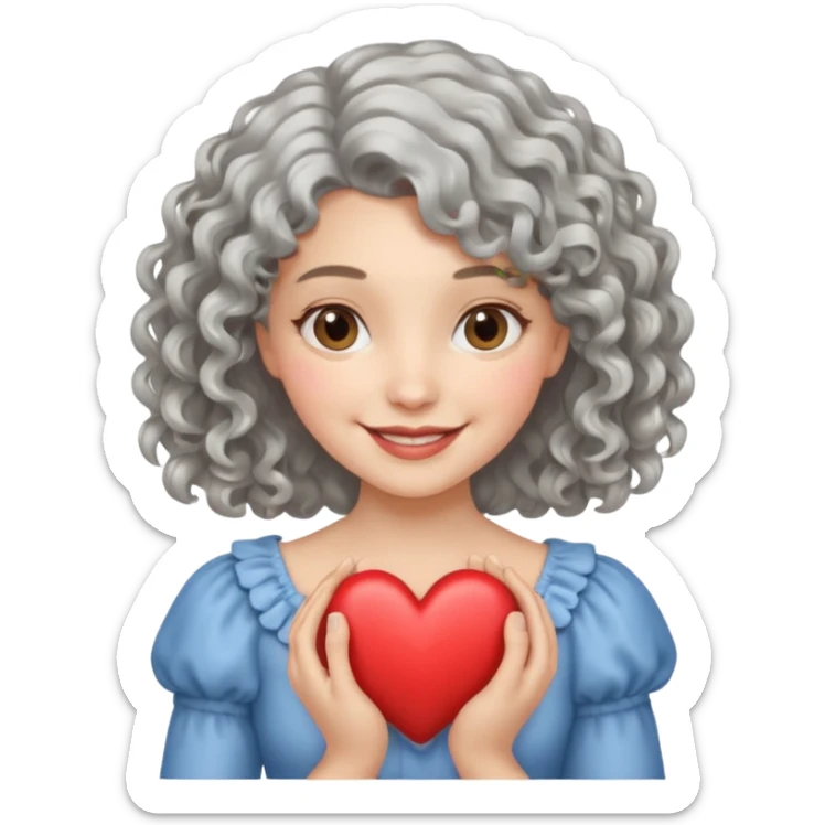 silvery curly/wavy shoulder-length hair smiling lady holding a heart thinner hair sticker