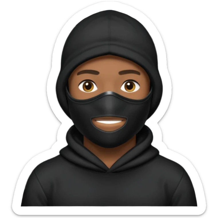 Crie um homem de blusa preta e capuz preto, balaclava preta, boné preto sticker