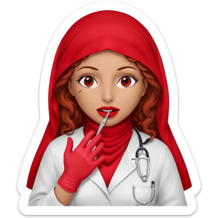 Lilith scalpel in hand, evil surgeon sexy surgeon clothes.  She has red eyes. She brown long curly hair. Wears sexy doctor outfit with red gloves. Covers mouth neck and nose with red burka to hide her identity sticker