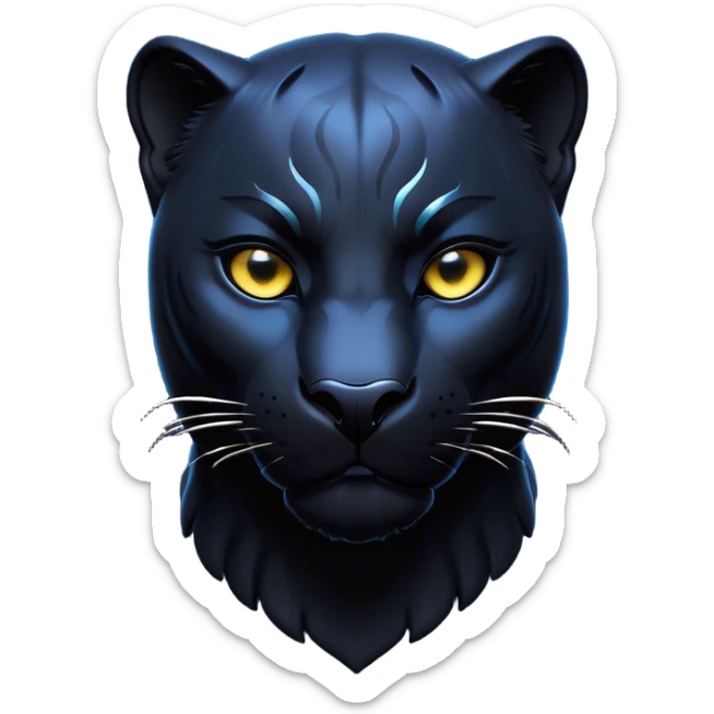 Cinematic Noble black Panther Portrait Emoji, Poised and regal, with a sleek, muscular build draped in glossy, midnight-black fur and piercing, luminescent eyes, Simplified yet sharp and sophisticated features, highly detailed, glowing with a soft, mysterious glow, high shine, intelligent and enigmatic, stylized with an air of stealthy authority, focused and commanding, soft glowing outline, capturing the essence of a watchful and confident jungle guardian that appears ready to prowl out of the screen with effortless authority! sticker