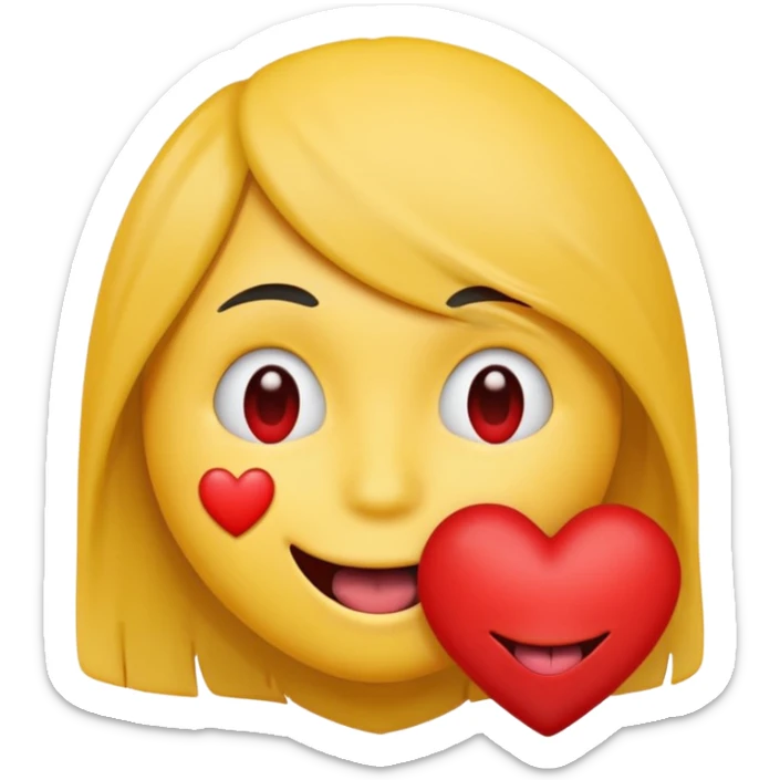 yellow emoji face holding a heart and hes so happy with emo hair covering one eye so happy with teeth and tongue sticker