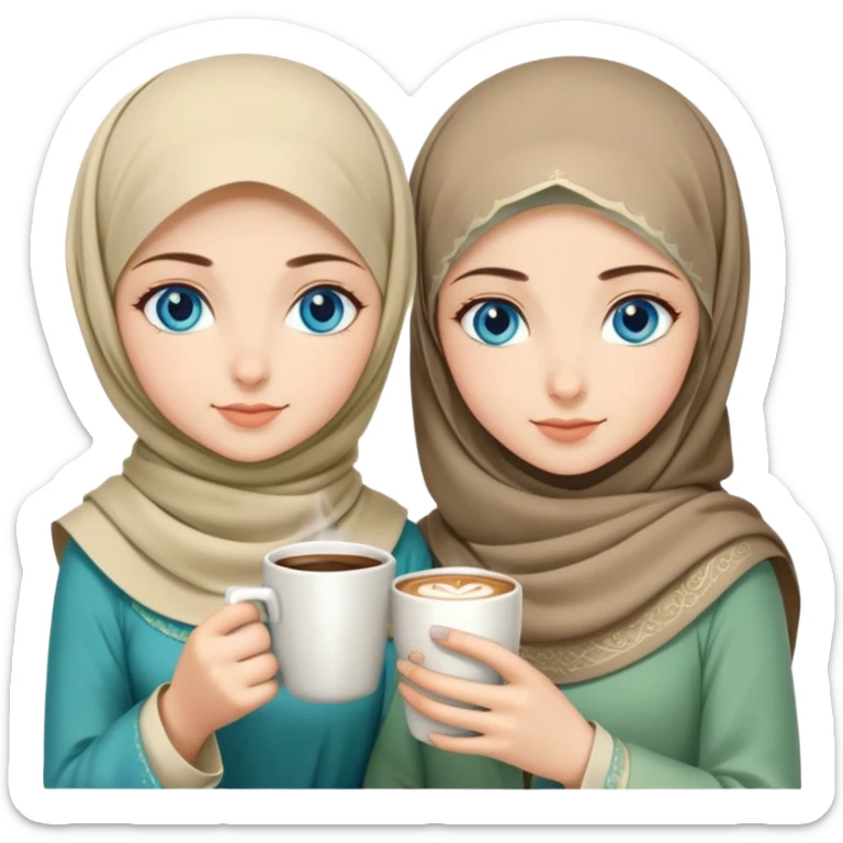 Turkish beautiful finish Konya two girls blue eyes with beige and light green hijab islamic dress and had on her hand hot coffee   sticker