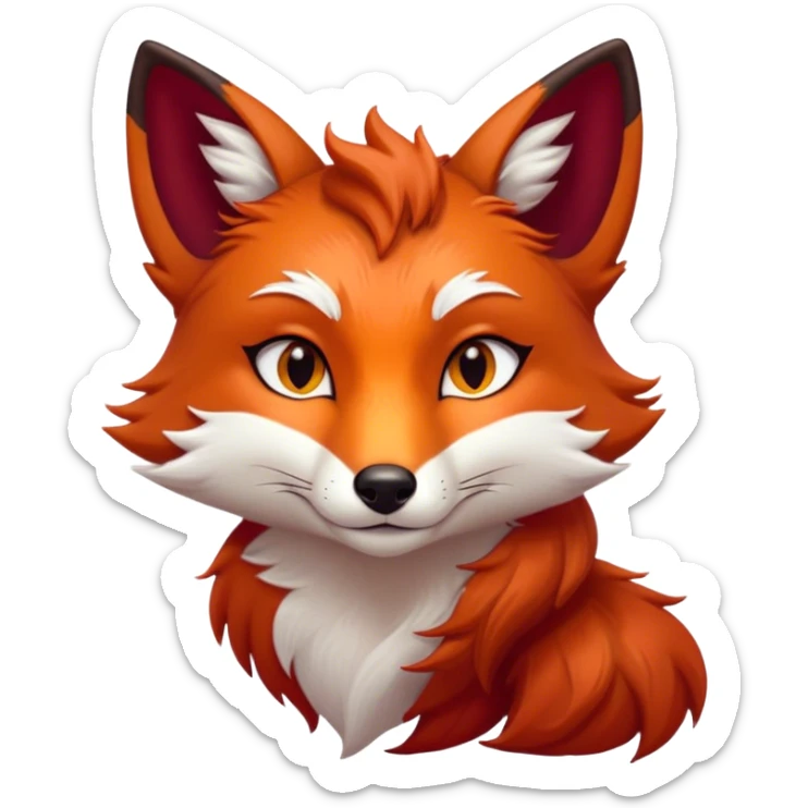 Cinematic Noble Fox Portrait Emoji, Poised and regal, with a lithe, agile build and a lush, fiery red Fur accented by white markings on the chest and tip of the tail, deep-set soulful amber eyes, Simplified yet sharp and sophisticated features, highly detailed, glowing with a warm, dignified glow, high shine, intelligent and cunning, stylized with an air of wild elegance, focused and attentive, soft glowing outline, capturing the essence of a watchful and confident forest wanderer, so majestic it feels as though it could dash out of the screen with effortless authority! sticker