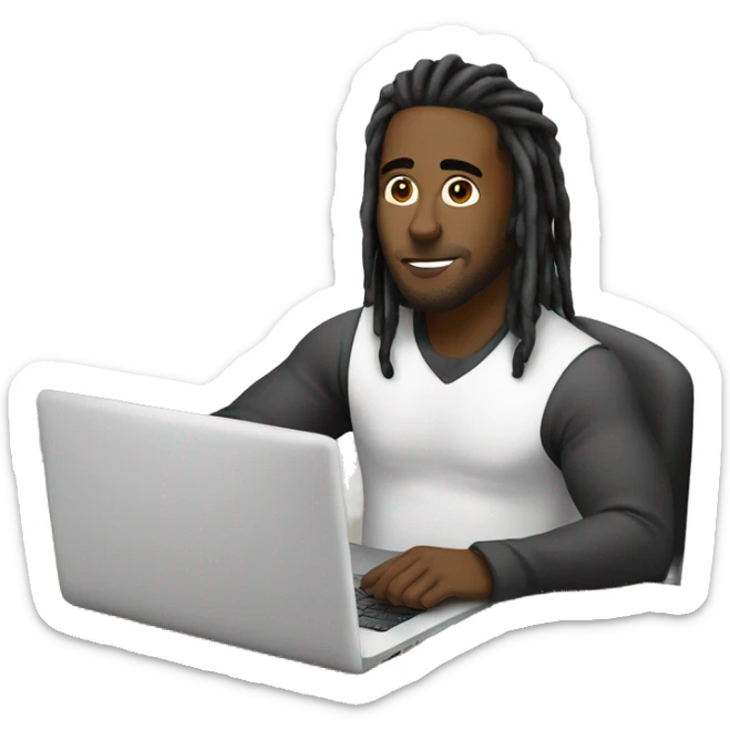 Black-guy-with-dreads-wearing-black-trackstuit-sitting-down-on-chair facing-foward-focused-on-laptop-computer- sticker