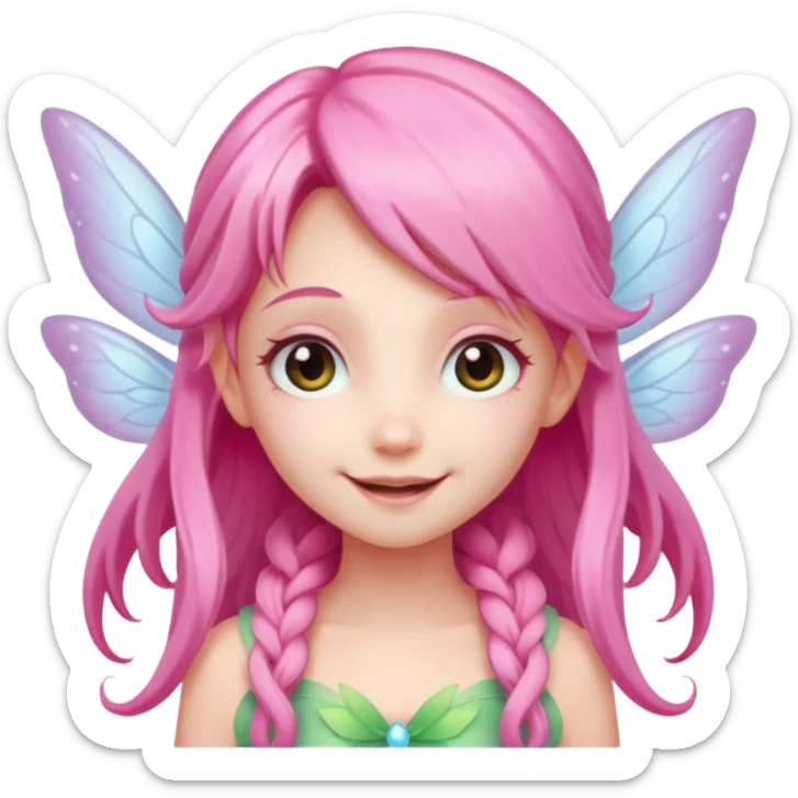 A tiny pastel fairy with pink long hair with glowing wings and a sweet smile  sticker