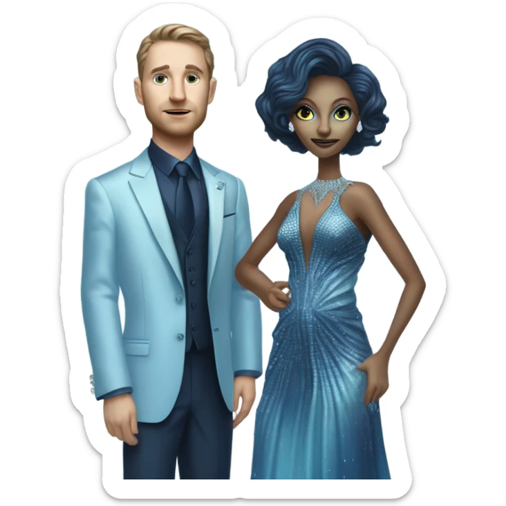 reptilian alien woman, in long slim pastel blue formal party satin dress with gradient shiny sparkling navy blue diamonds embroidered , and caucasian man in black dress sticker