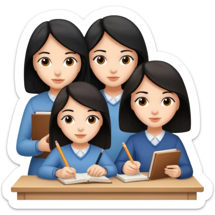 3 girls one with black hair and two with brown hair studying sticker
