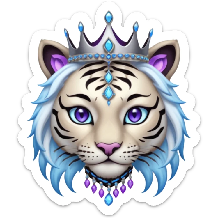 ESO Female white/black tiger khajiit leader of the umbral rose, glowing blue eyes, glowing blue 'third eye' gem, black beaded dreadlocks; silver crown/tiara with purple gems sticker