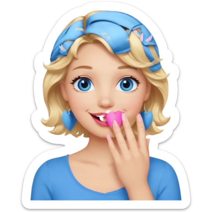 Girl Blonde short wavy hair,  blue eyes, cute blue top, long lashes, pink lips, smiling, hand covering the mouth sticker
