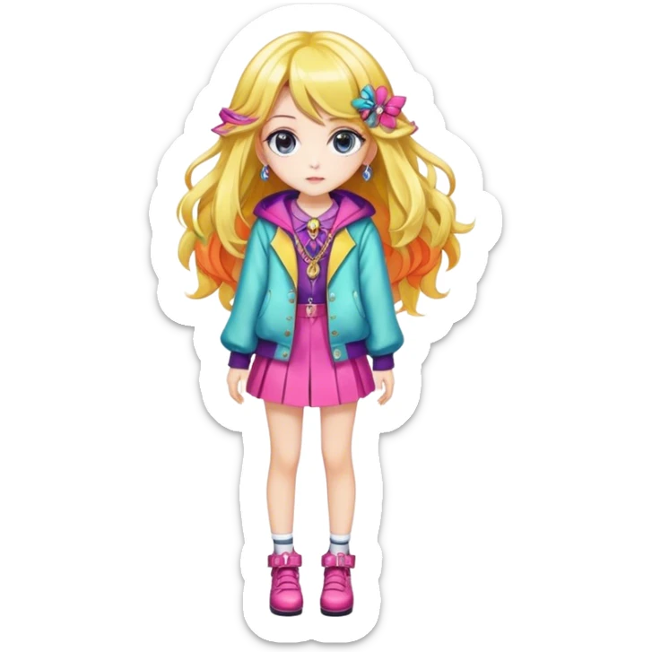 Pretty, stylish, kawaii, sparkly, lovely, shiny, accessories, anime style, character, real life, big eyes, cute, gorgeous hair, full body, stylish clothing, lady, young, romantic, colorful, detailed, cool design, aesthetic sticker