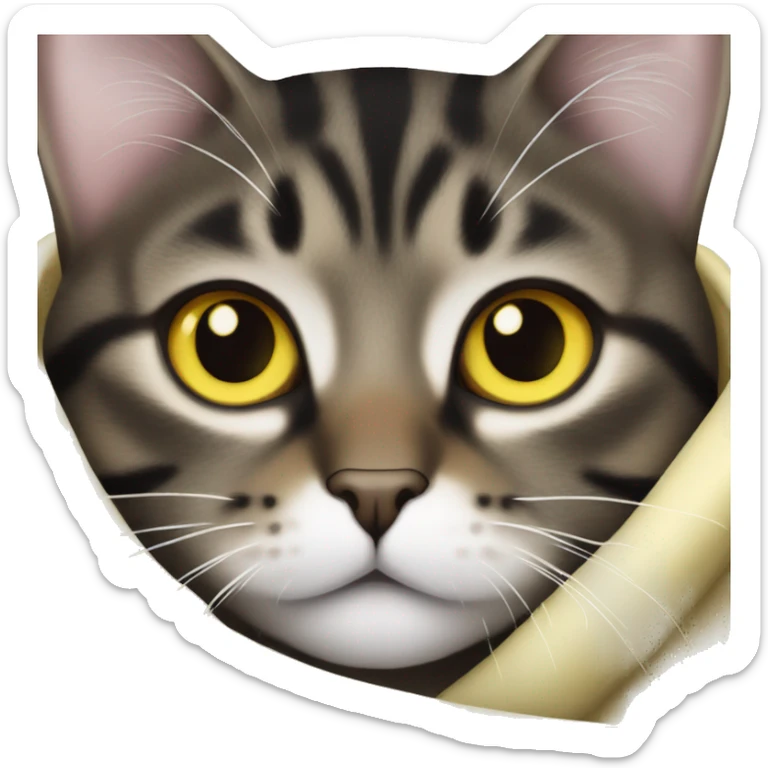 black brown tabby cat with white nose and white chest with yellow eyes in a blanket sticker