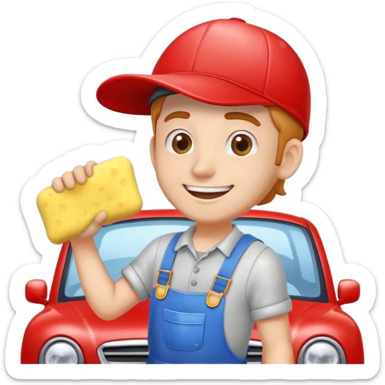 A car washer cleaning a shiny red car with foam and sponge, wearing overalls and cap, happy expression, cartoon emoji style, white background, clear outlines sticker