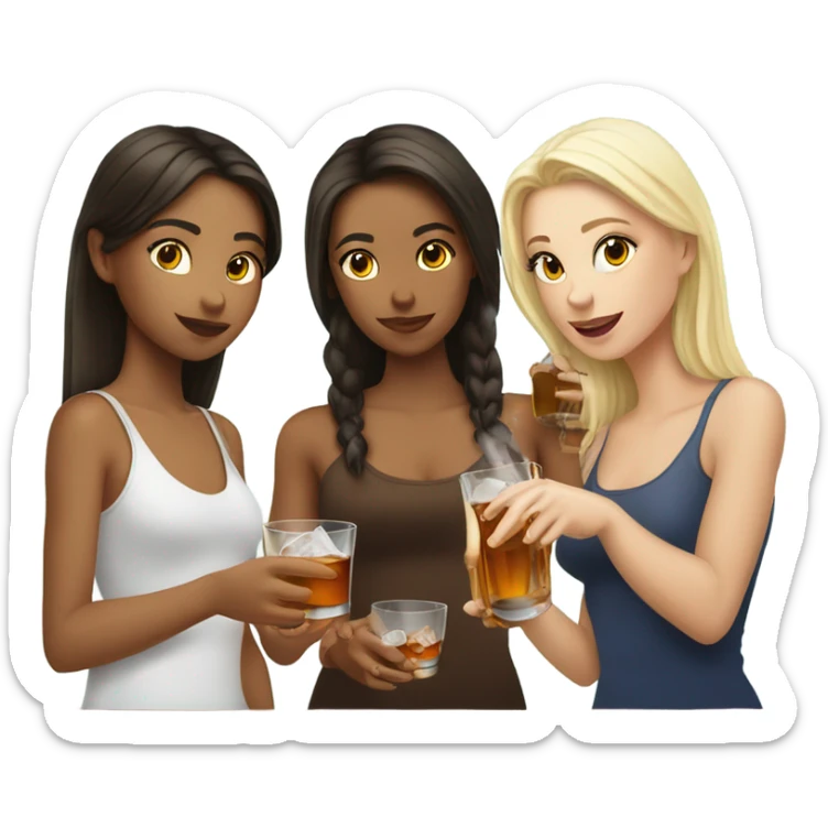 Two brunette girls and one blonde girl are drinking whiskey from an ice glass sticker