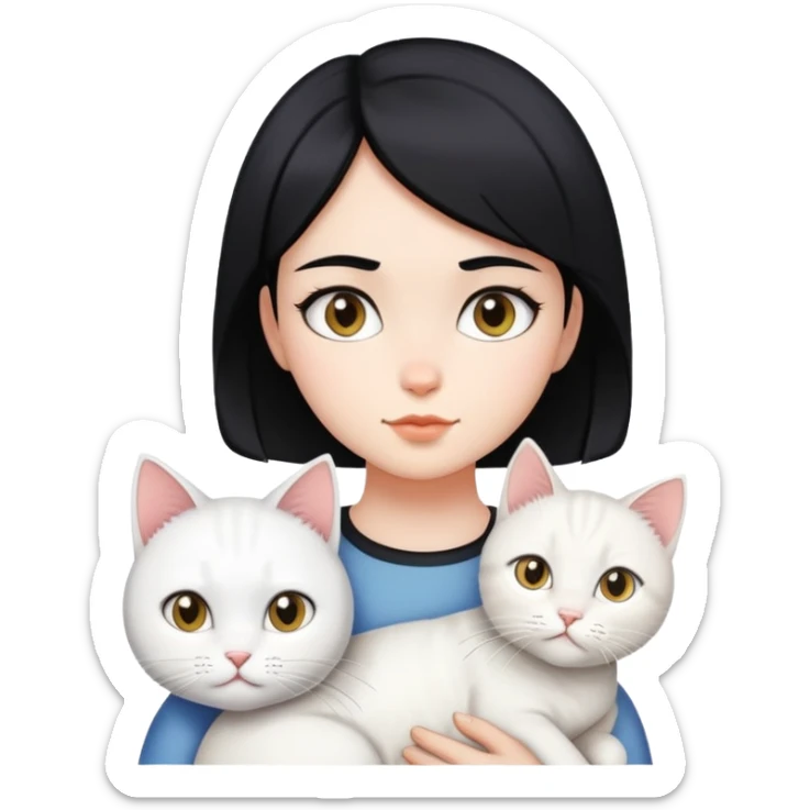 A girl with short black hair parted in the middle, fair skin, is accompanied by a white cat. sticker
