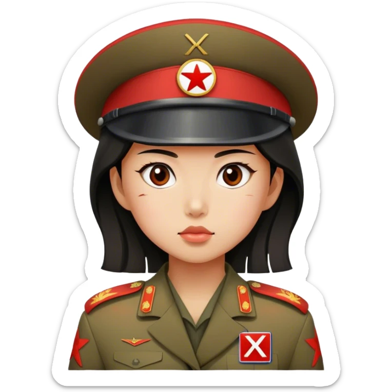  North Korean girl solder defector with a big x red capital letter on her sticker