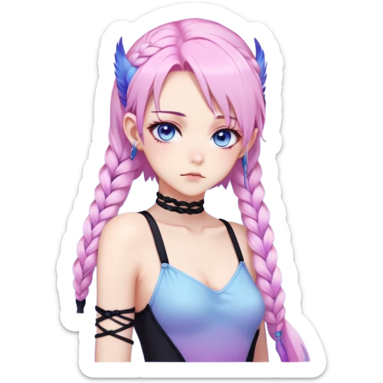 Gorgeous beautiful pretty grumpy anime lady long-pale-whitish-pastel-pink-hair with one braid on each side, hanging gradient-purple-pink feather-ear-cuffs on each side in hair, black bodysuit, blue eyes, pink iris, ethereal, fashion aesthetic  sticker