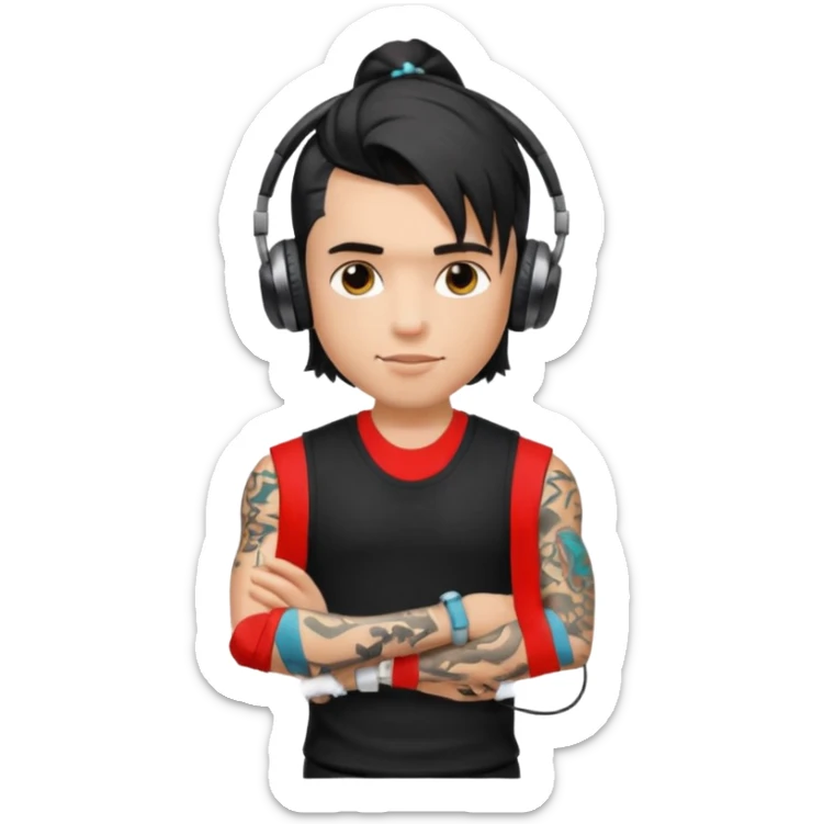 a pretty bratz guy with mullet and earphones and a sleeveless black top with tattoos on arm sticker