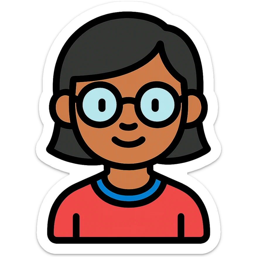 Asian girl with tan skin, short black hair, and glasses, color outline icon sticker