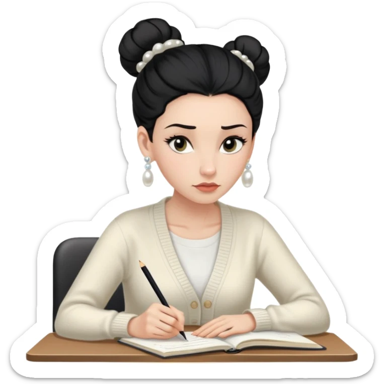 Gender: Female Hair: Sleek black bun with loose tendrils Face: Small nose, pursed lips in concentration Clothes: Cream-colored cardigan, pearl earrings Action: Writing in notebook during meeting sticker
