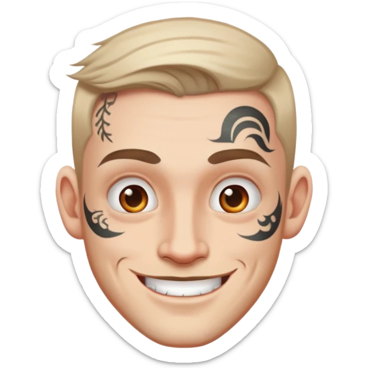white man with bold face tattoo, happy face, wearing a white t-shirt sticker