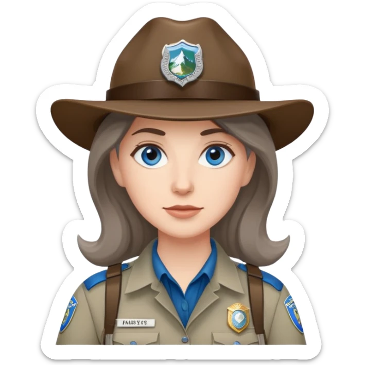 white woman park ranger with brown and gray hair and blue eyes sticker