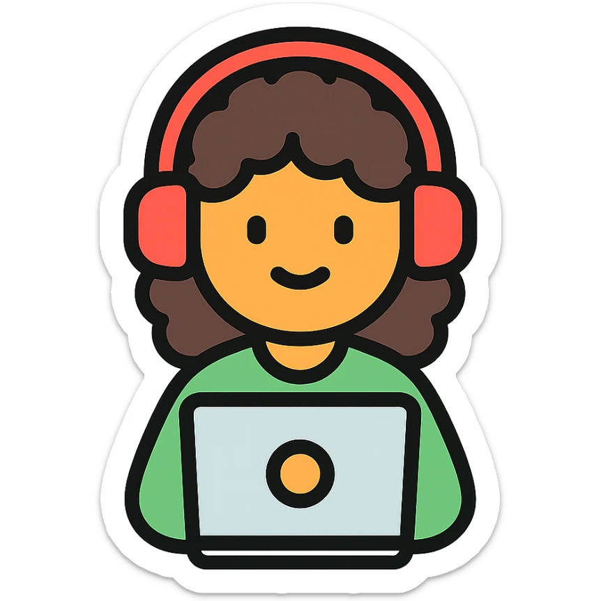 curly hair girl with headphones and a laptop, color outline icon sticker