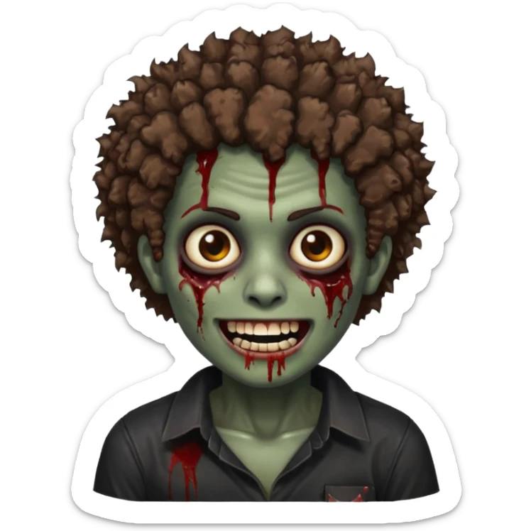 zombie with brown skin, short messy afro hair, wide centered brown eyes, dark bloody marks under the eyes, and a smile showing shiny metal teeth,black shirt, giving a distressed, undead look. sticker