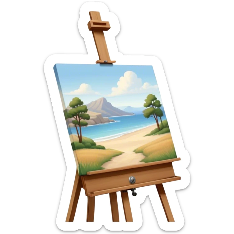 Cinematic Realistic image of a pristine canvas mounted on a sturdy wooden easel, with the canvas’ smooth surface and the easel’s detailed grain rendered in soft natural light, evoking a quiet moment of creative anticipation sticker