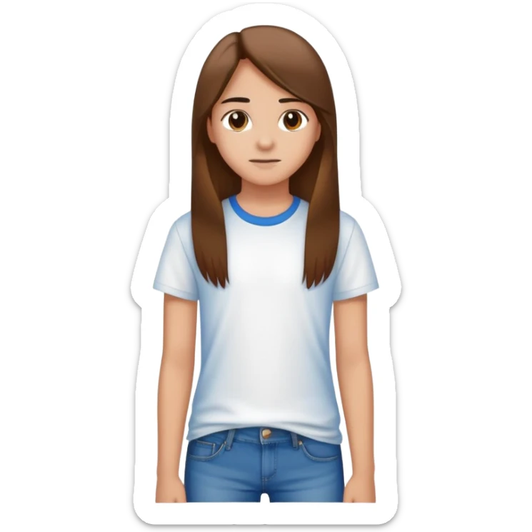 A 15 year old gear with brown eyes, long brown straight hair, wearing a plain white t shirt, and blue jeans sticker