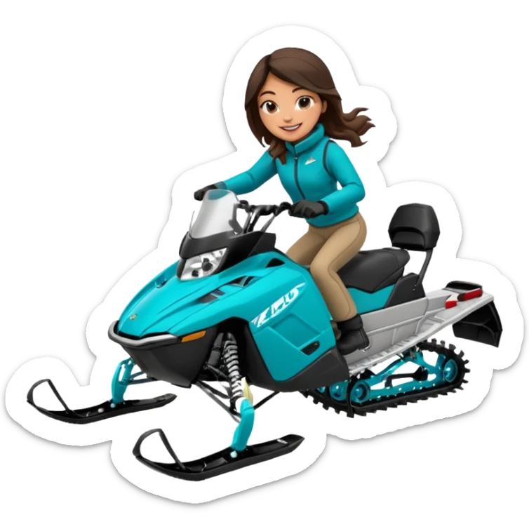 Can you create an emoji of a brunette girl on a teal polaris khaos 850 155 snowmobile action shot sticker