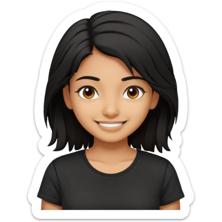 a pretty tan indian bratz girl with messy dark black hair, wearing a black tee. sticker