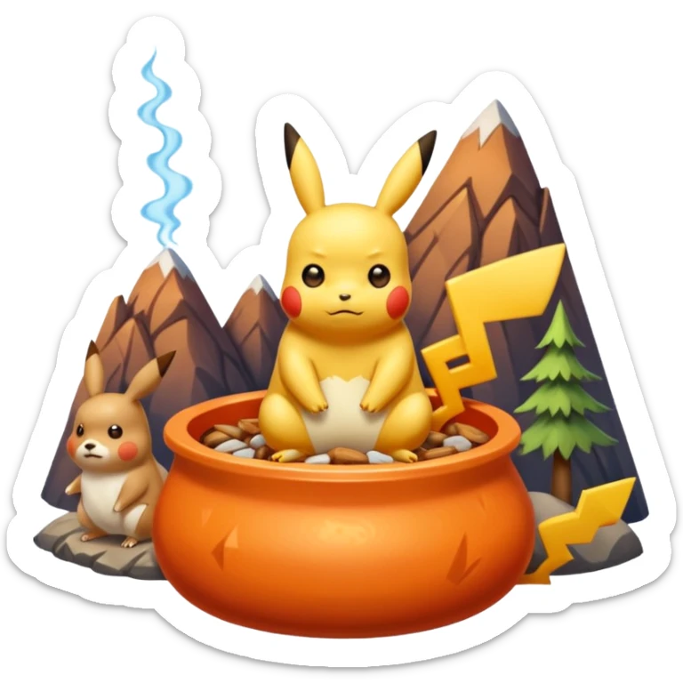 Un Pikachu rouge qui et triste avec des éclairs en fond et il a fait caca et pipi dans un pot orange et une montagne derrière  sticker