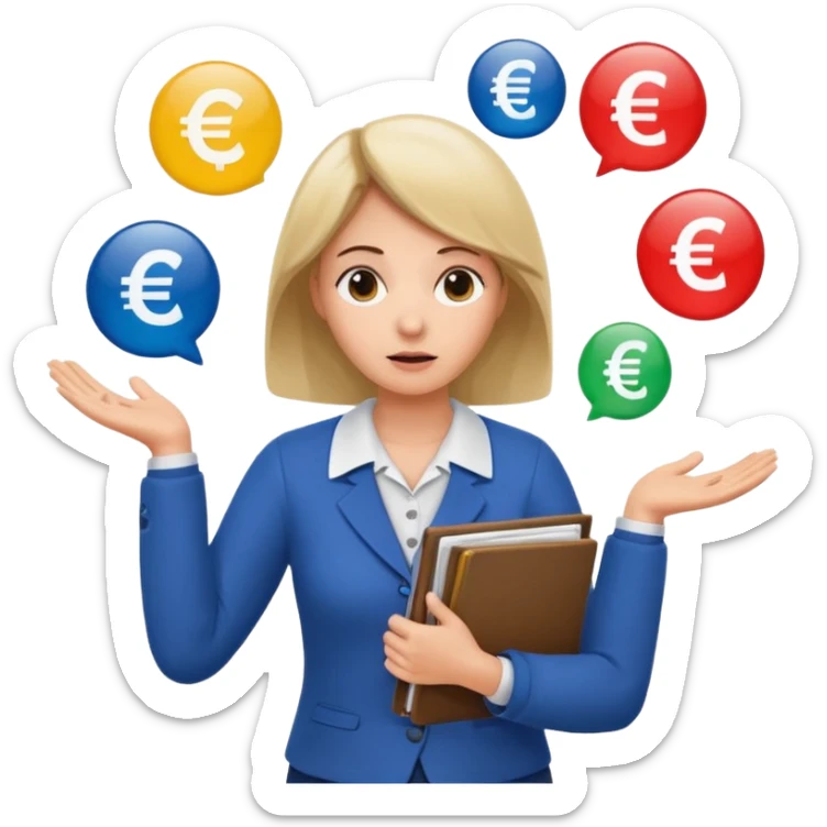 A confused female kindergardenteacher shrugging shoulders with euro symbols and documents floating around. sticker