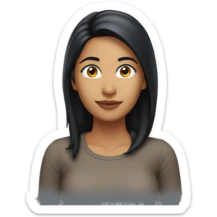 A head and shoulders shot of a 33 year old South Asian woman, with long black hair,   with brown eyes wearing a t-shirt. sticker