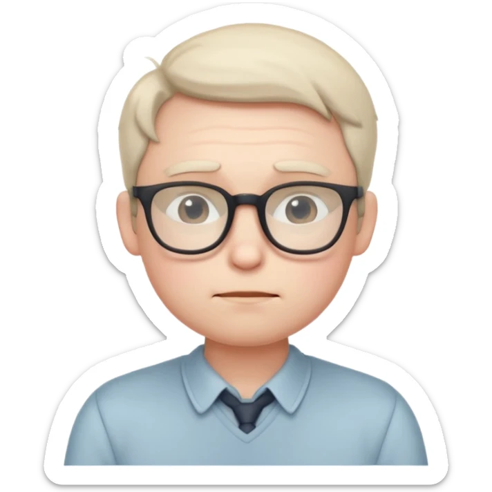 A small, timid-looking cartoon male character with pale skin, glasses, slightly nervous posture, blushing cheeks, subtle nerdy attire, soft color palette, stylized as a cute, minimalist emoji icon. sticker