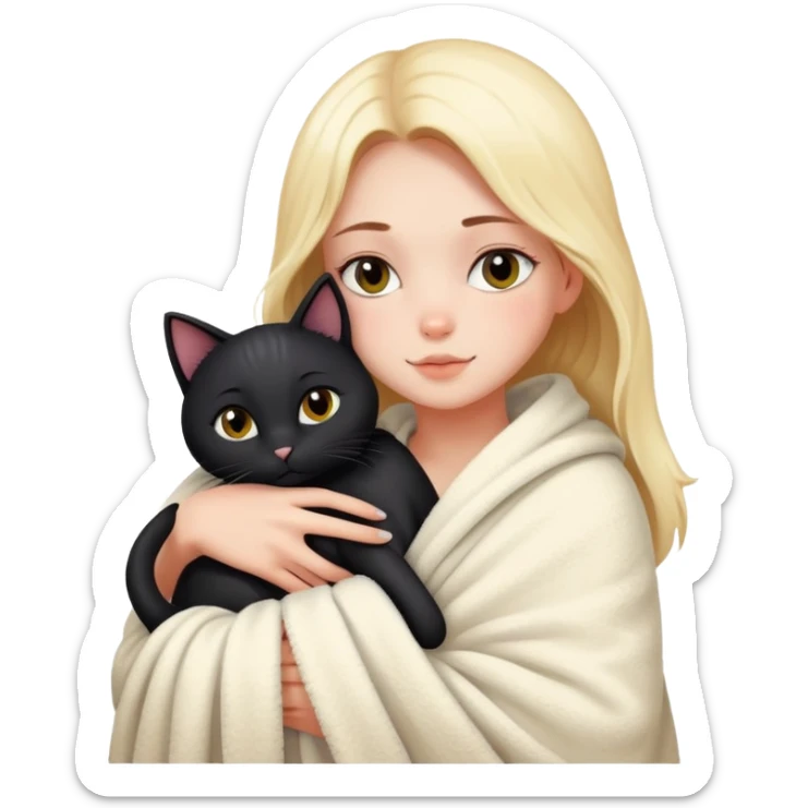 Beautiful girl with fair skin - just after taking a bath - wrapped in a blanket and hugging a black cat sticker